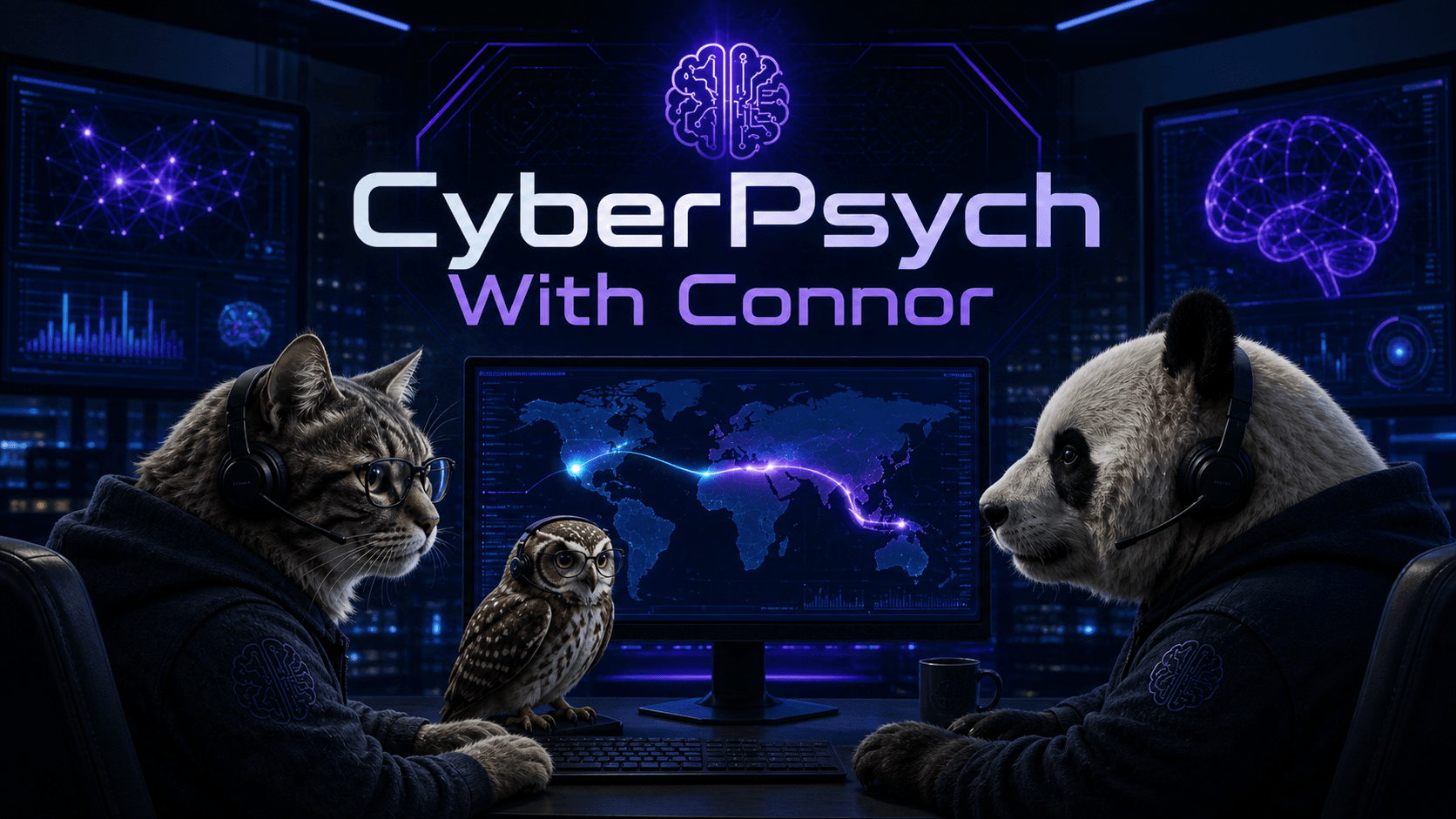 A cat, owl, and panda in headsets working together at a purple and blue security operations desk